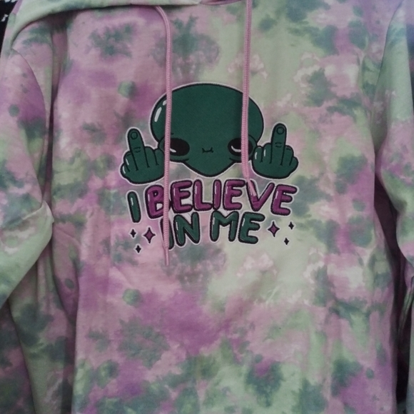 Green Purple Tie Dye Hooded Sweatshirt Embroidered with Alien Flipping Bird - Picture 1 of 2